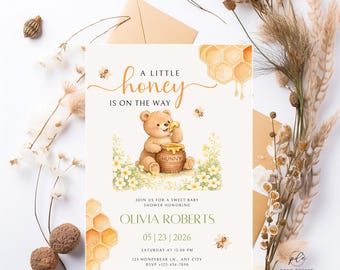 Little Honey Bear Baby Shower Invitation Template, Bee Baby Shower Invite, Teddy Bear Baby Shower, Gender Neutral Baby Shower Invite