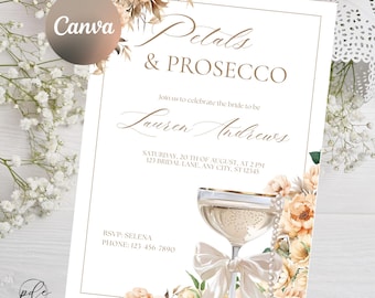 Petals & Prosecco Bridal Shower Invitation Template | Wedding Brunch Invitation Printable | Floral Champagne Invite