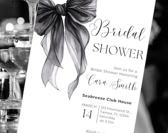 Black Bow Bridal Shower Invitation Template | Elegant Black & White Bridal Invite| Modern Printable Bridal Card | Editable Canva Invite