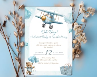 Baby Boy Shower Invitation: Editable Baby Bear Airplane Theme (PDF Template)