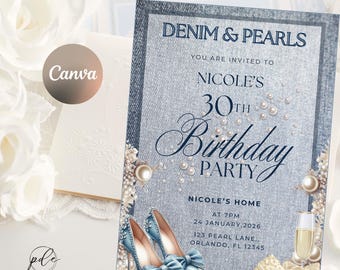 Denim and Pearls Invitation Template | Editable Blue Jean Birthday Invitation | Girls Night Party Invite | Instant Download