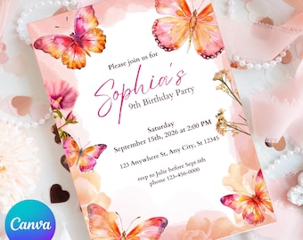 Butterfly Birthday Invitation: Editable Canva Template (5x7 Digital Download)