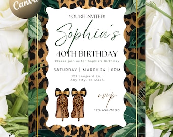 Cheetah Print Birthday Invitation | Leopard Print Invite | Editable Canva Design | Safari Theme Template | Cheetah Print Bow