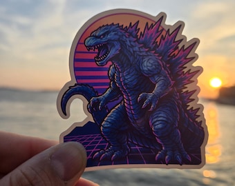 Godzilla Neon Overload Sticker – waterdicht, Vaporwave Kaiju-sticker, Monster Laptop Art