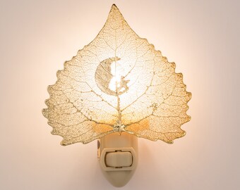 Real Gold Cottonwood Leaf with Moon and Star Silhouette Night Light - Gift Boxed