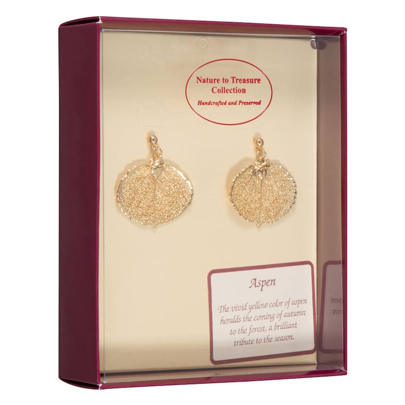 24k Gold Electroplated Post Dangle Earrings Boxed Real Aspen Leaves Dipped In 24k Gold