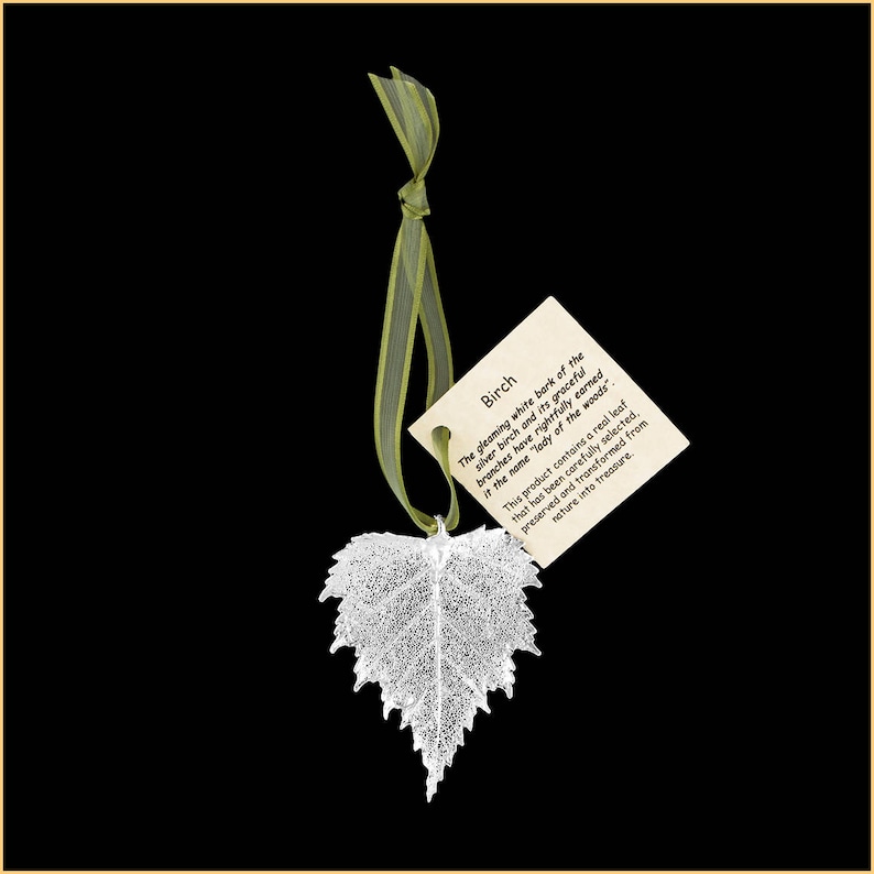 Real Birch Leaf Ornaments Dipped In Silver with Ribbon and Hang Tag Real Dipped Leaves Christmas Ornaments