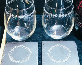 Laser Engraved Stemless Wine Glasses with Coasters, Rings Wedding Gift
