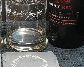 Laser Engraved Rings Rocks Glass with Slate Coaster