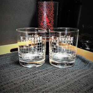 Op de afbeelding: Twee heldere glazen tumblers met een gegraveerd schaakbordontwerp aan de zijkant. De glazen staan op een zwart, getextureerd oppervlak.