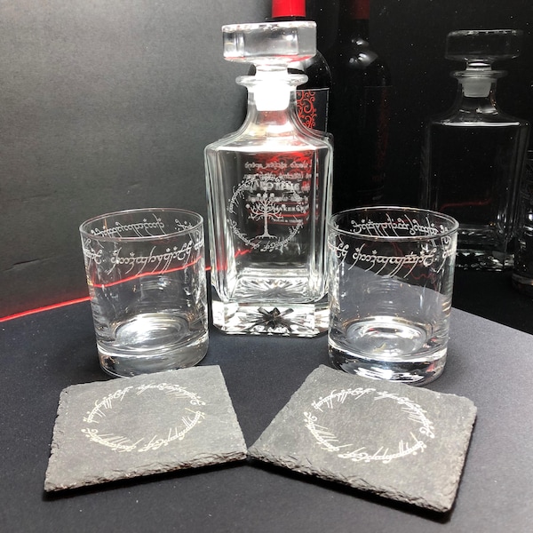 Elf-Inspired Whiskey Decanter Gift Set – Etched Glassware & Slate Coasters | Fantasy Barware Collection
