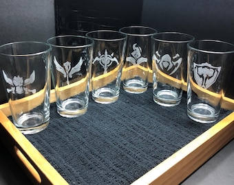 Een set van 6 League of Legends Champion-pintglazen. LOL. Gamerscadeau.