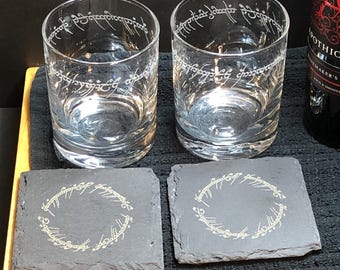 A Pair (2) of Elf Rings Inspired Rocks Glasses with Matching Slate Coasters