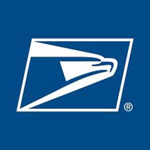 May include: The United States Postal Service (USPS) logo features a white eagle in flight within a blue square frame. The eagle's head is facing right, and the letter "R" is in a circle to the right of the square.
