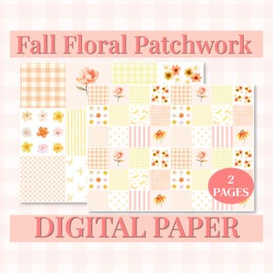 Papel digital para patchwork floral de outono | Folha de colagem Coquette em amarelo, rosa e laranja | PDF para impressão