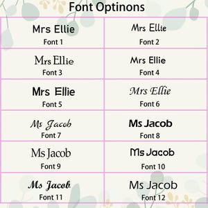 May include: A chart showing 12 different font options for names. The names "Mrs Ellie" and "Ms Jacob" are shown in each font style.