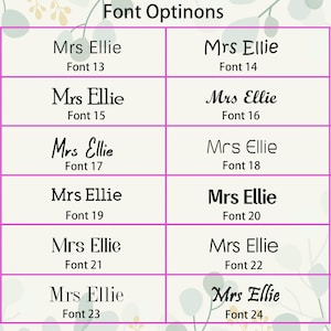 May include: A chart showing different font options for the name "Mrs Ellie" in various font sizes, ranging from font size 13 to font size 24.