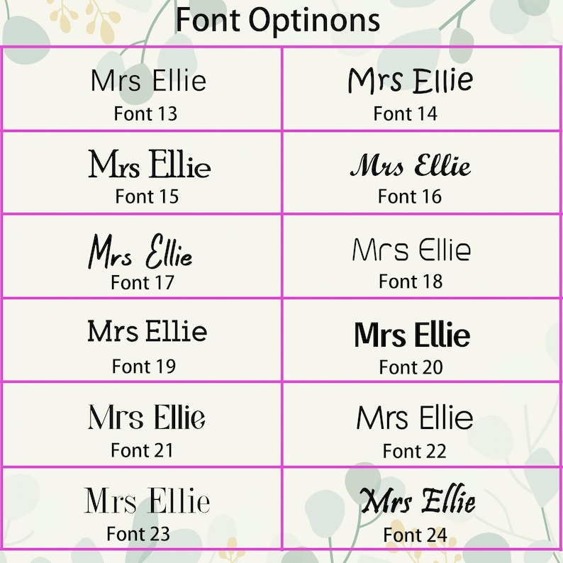 May include: A chart showing different font options for the name "Mrs Ellie" in various font sizes, ranging from font size 13 to font size 24.