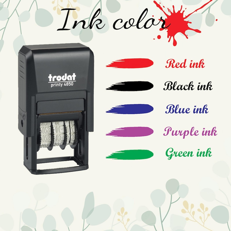 May include: A black self-inking stamp with the text "trodat printy 4850" on the front. The stamp has five different ink color options: red, black, blue, purple, and green.
