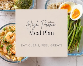 May include: Four glass containers with lids filled with different high protein meals. The containers are on a white surface with a beige background. The text "High Protein Meal Plan Eat Clean, Feel Great!" is on the beige background.
