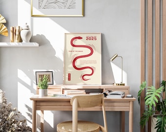 Red Version – 2025 Year of the Snake Chinese New Year Poster – Minimalist Zodiac Wall Art for Modern Home Decor – Digital File