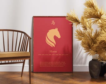 Gold Version of the Year of the Horse Wall Art: Elegant Chinese Zodiac Print for Wisdom, Transformation, and Prosperity