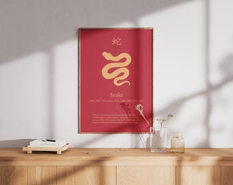 Gold Version of the Year of the Snake Wall Art: Elegant Chinese Zodiac Print for Wisdom, Transformation, and Prosperity