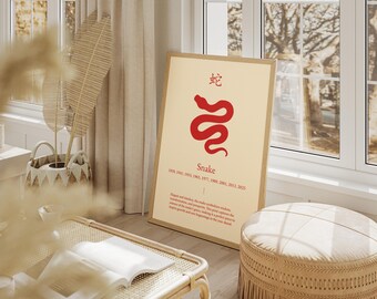 Red Version of the Year of the Snake Wall Art: Elegant Chinese Zodiac Print for Wisdom, Transformation, and Prosperity