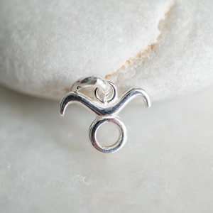 May include: Silver charm in the shape of the Taurus zodiac sign. The charm is a simple outline of the bull's head with horns and a circle for the nose.