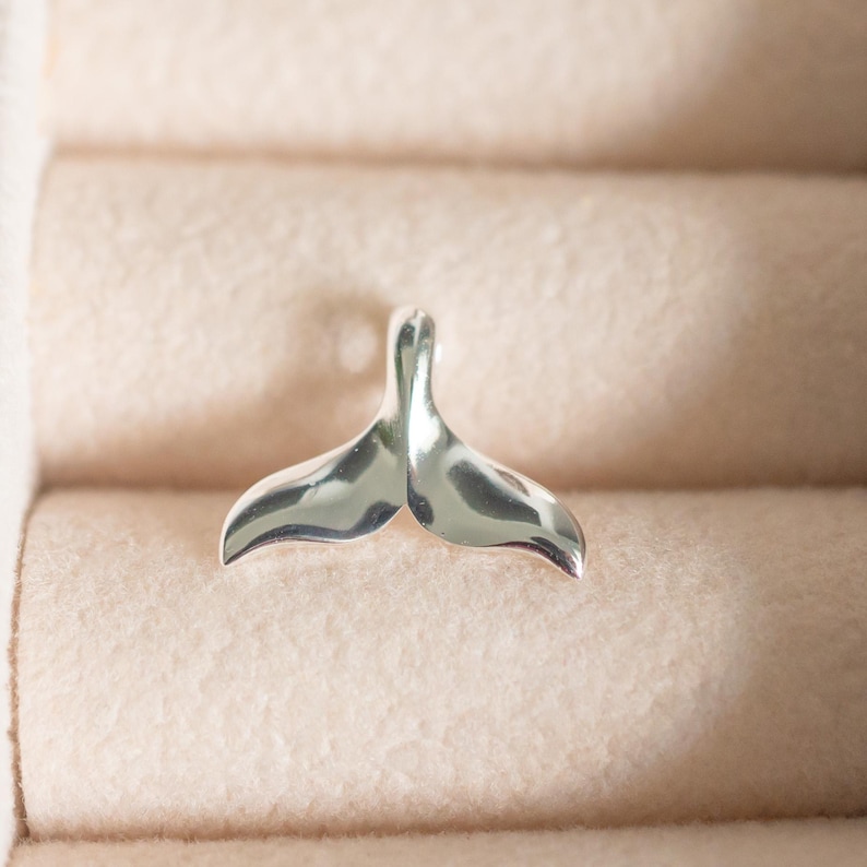 Pu&ograve; includere: Un ciondolo argentato lucido a forma di coda di balena. Il ciondolo &egrave; molto lucido e riflette la luce, su uno sfondo morbido e neutro. Il design &egrave; minimalista ed elegante.