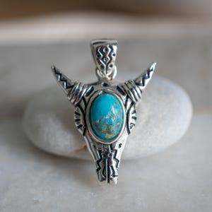 Silver Bull Skull Pendant | 925 Sterling Silver Pendant | Oxidized Silver and Reconstructed Turquoise Pendant | Pendant ONLY