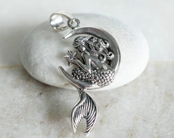 Oxidized Sterling Silver Mermaid Moon Pendant
