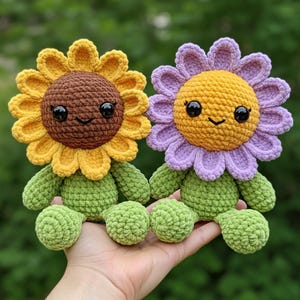 Sunflower And Daisy Plush Handmade Gift, Crochet Flower Doll Set, Cute Amigurumi Floral Stuffed Toys, Garden Friends For Flower Lovers