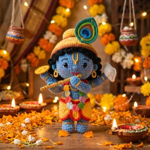 Può includere: Bambola di Krishna all'uncinetto fatta a mano, in blu, giallo e rosso. La bambola tiene un flauto e una conchiglia, con una piuma di pavone sulla testa. Lo sfondo include candele, fiori e luci decorative.