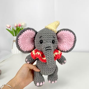 Circus Elephant Crochet Plush, Handmade Big Ear Elephant Stuffed Toy, Cute Amigurumi Animal Gift For Baby Shower Or Nursery Decor