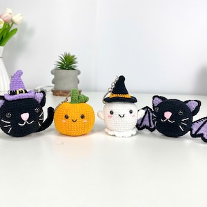 Halloween Crochet Plush Set, Cute Ghost Bat Pumpkin Black Cat Amigurumi Toy Bundle, Handmade Spooky Decor