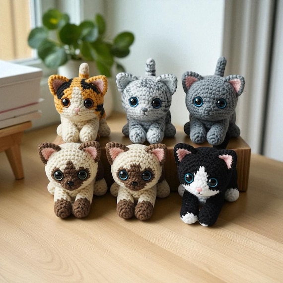 手作りかぎ針編みのトラ猫のぬいぐるみ、あみぐるみおもちゃセット