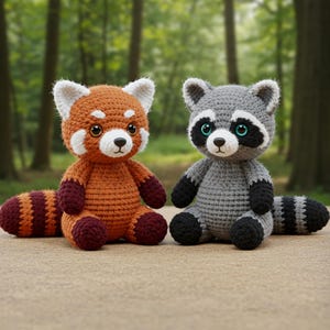 Red Panda And Raccoon Plush Handmade  Gift, Cute Crochet Stuffed Animal Pair, Amigurumi Forest Friends For Animal Lovers