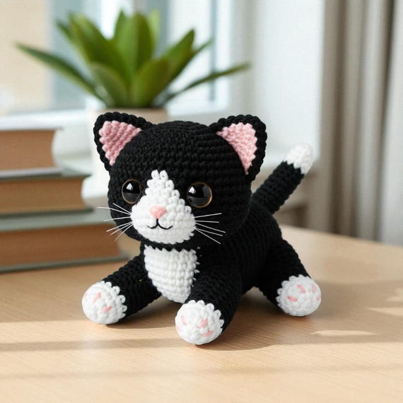 手作りかぎ針編みのトラ猫のぬいぐるみ、あみぐるみおもちゃセット