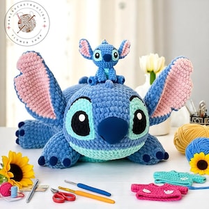 Stitch Crochet Plush Set, Big And Mini Alien Toy Duo, Cartoon Style, Handmade And Finished – Gift For Disney Fans Or Collectors