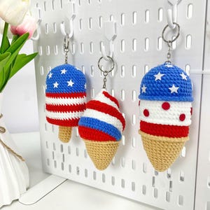 Handmade Patriotic Ice Cream Keychain Set, Crochet 4th Of July Popsicle Bag Charm, Red White Blue Plush Gift For Summer Lovers