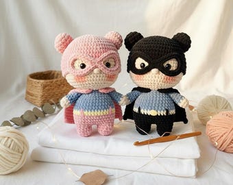 Handmade Crochet Superhero Duo, Amigurumi Plush Set, Cute Custom Superhero Toys, Gift for Kids
