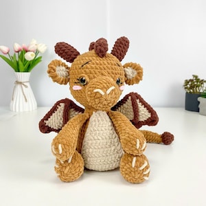 Brown Dragon Plush Handmade Crochet Amigurumi Toy, Soft Stuffed Dragon Gift For Kids, Fantasy Animal Room Decor, Cute Collectible Plush