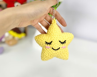 Handmade Star Keychain Plush, Cute Crochet Star Bag Charm, Amigurumi Smiling Star Toy, Soft Celestial Gift For Dreamers And Kids