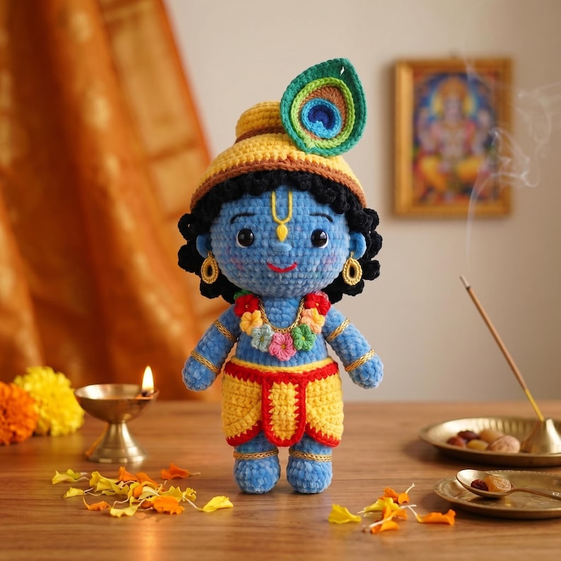 Puede incluir: Mu&ntilde;eca de ganchillo azul de Krishna, con un sombrero amarillo con una pluma de pavo real, una guirnalda floral y ropa amarilla y roja. La mu&ntilde;eca tiene pelo negro y pendientes. Una peque&ntilde;a l&aacute;mpara de aceite e incienso est&aacute;n en el fondo.