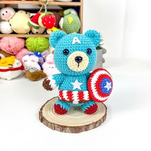 Handmade Captain America Bear Crochet, Custom Superhero Bear Plush, Amigurumi Captain America Bear Toy, Personalized Crochet Superhero Bear