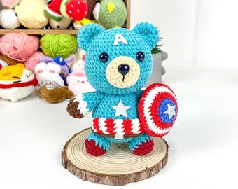 Handmade Captain America Bear Crochet, Custom Superhero Bear Plush, Amigurumi Captain America Bear Toy, Personalized Crochet Superhero Bear