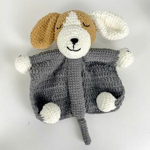 Sleepy Puppy Lovey Handmade Crochet Plush Dog, Soft Amigurumi Stuffed Animal Blanket Toy, Gift For Baby Shower Or Nursery Decor