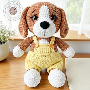 Cute Puppy Dog Plush Handmade Crochet Toy, Soft Amigurumi Stuffed Animal With Overalls, Kids Gift Or Room Decor
