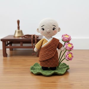 Handmade Crochet Little Monk Doll, Buddhist Amigurumi Plush, Zen Spiritual Decor Gift for Meditation Lovers